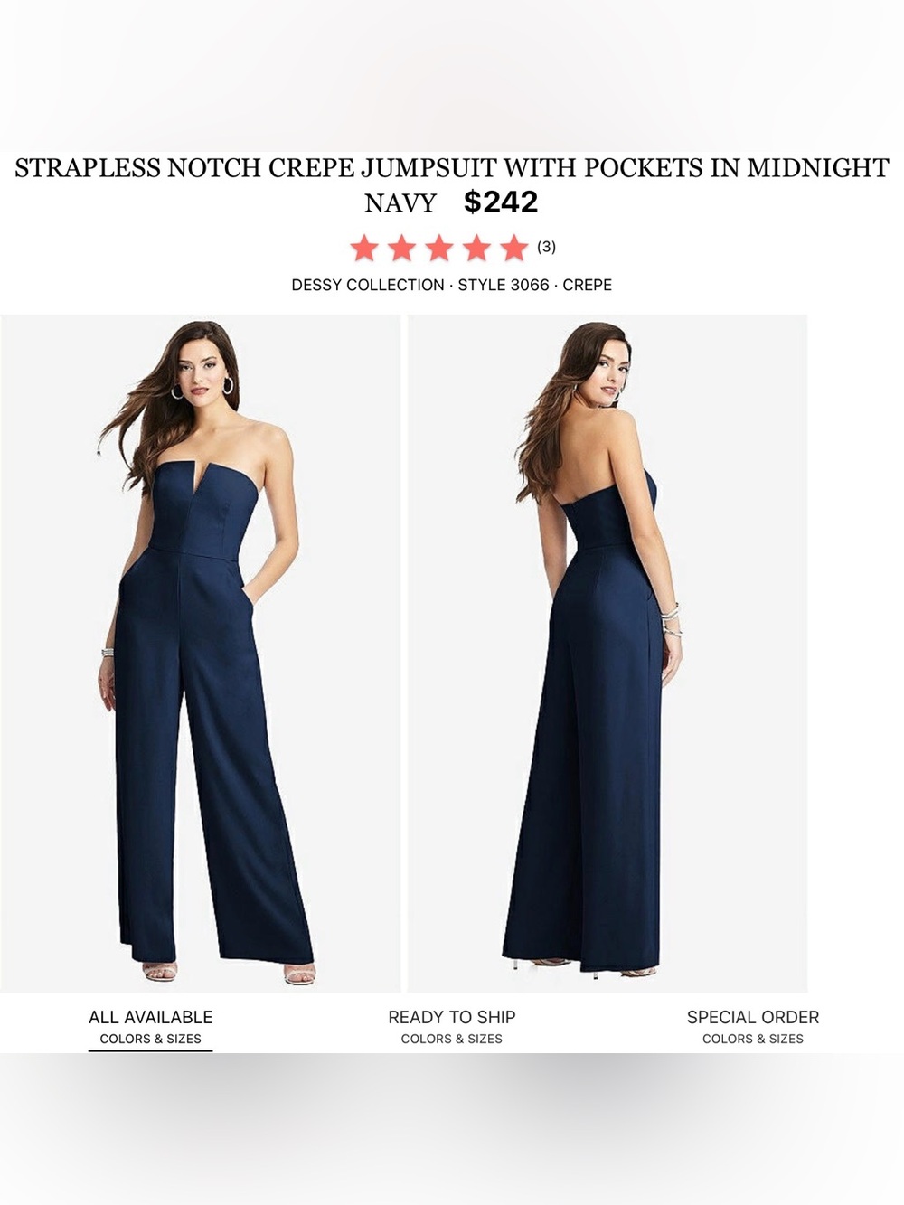Dessy Collection Navy Strapless Notch Crepe Jumpsuit with Pockets